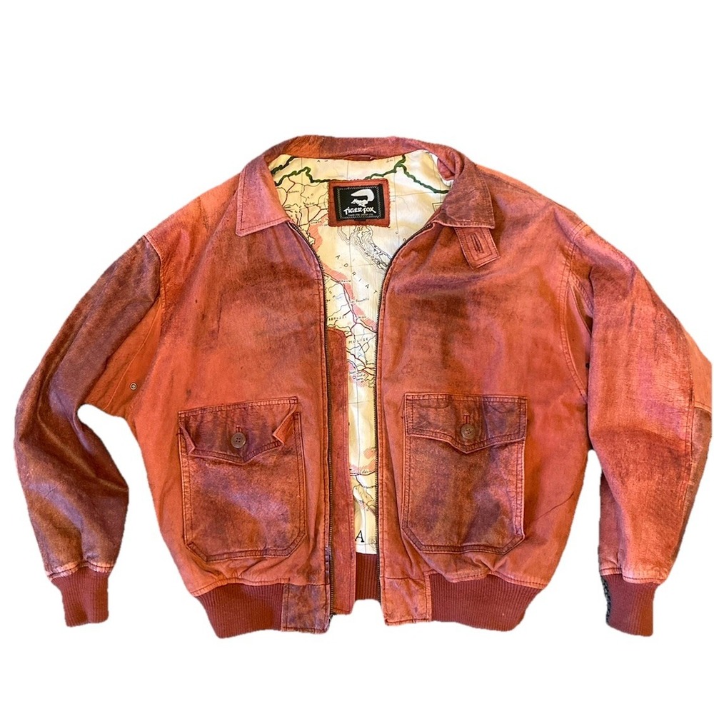 Tiger Fox Vintage Leather Flight Jacket 80s Distressed Sz L Graphic Lined Bomber
